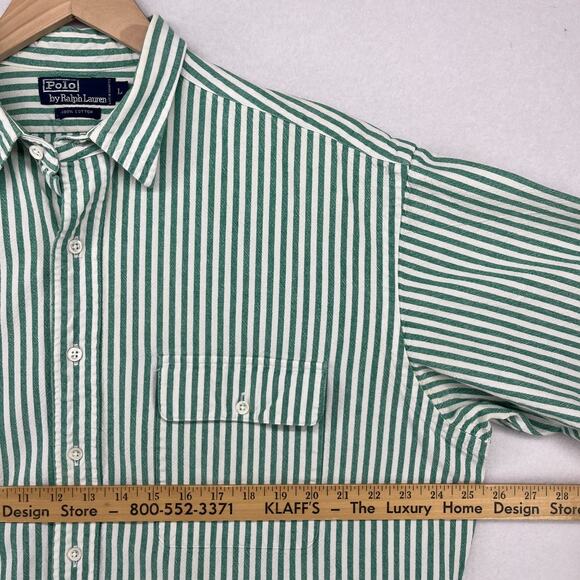 POLO RALPH LAUREN Shirt Men L Awning Striped Canvas Cotton Button Up Green Vtg - Picture 11 of 13